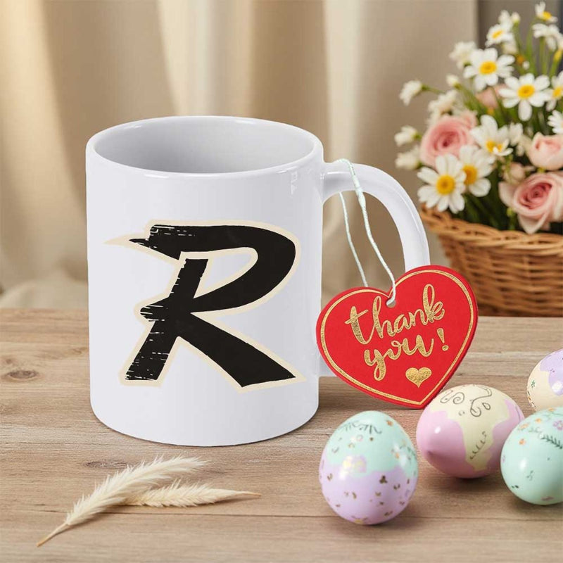 Tailorly White Ceramic 11 oz Mug - Thank You Bold Stylized Brush Stroke Pattern With Textured Black Finish Letter R