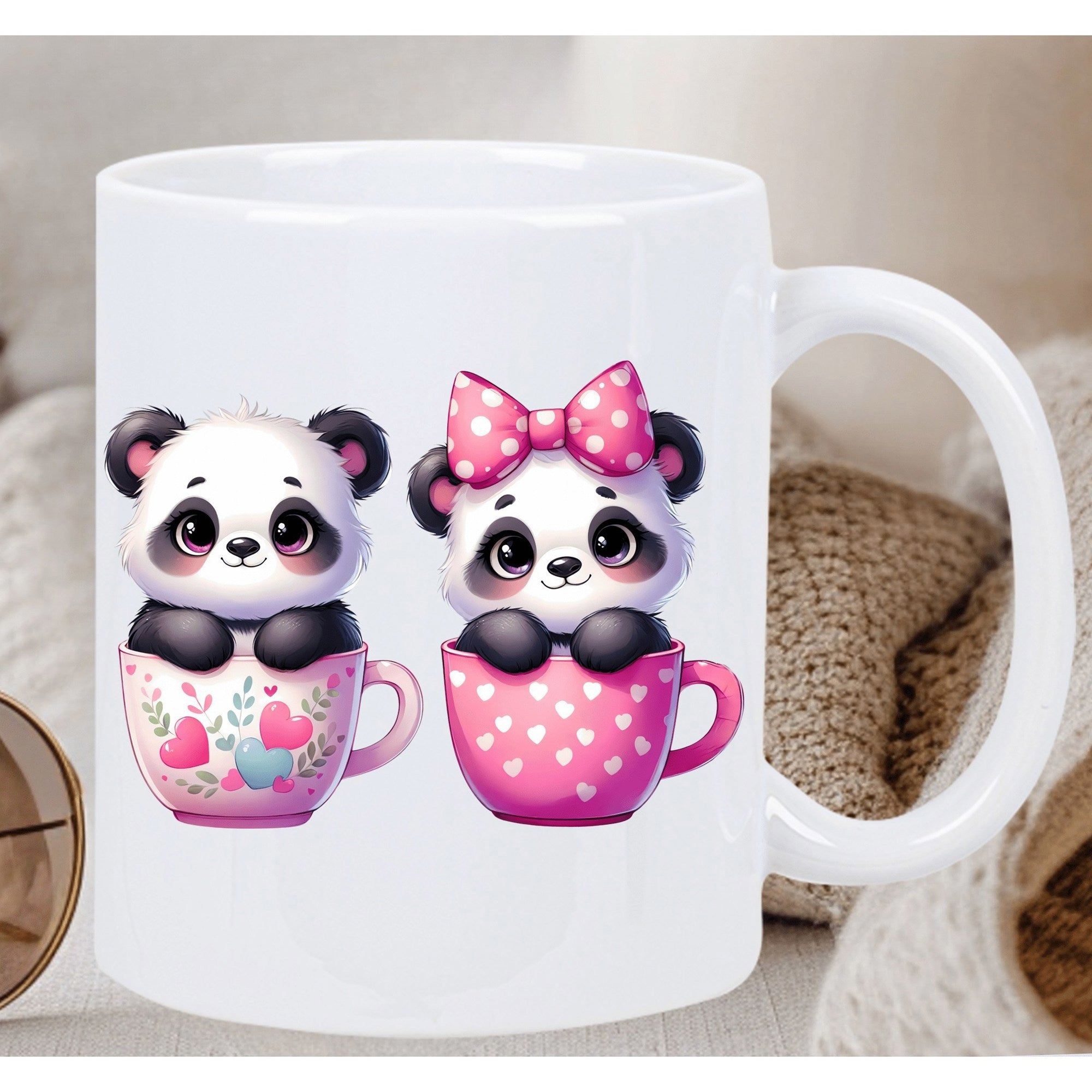 Tailorly White Ceramic 11 oz Mug - Two Adorable Cartoon Pandas Sitting Inside Decorative Pink Patterned Cups Panda