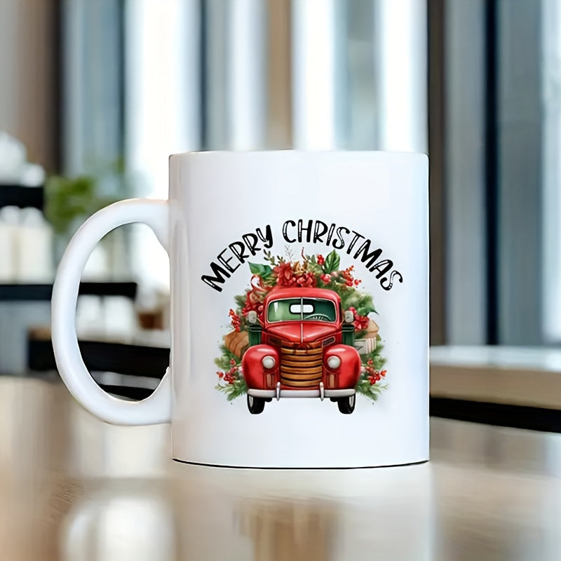 Tailorly White Ceramic 11 oz Mug - Merry Christmas Red Vintage Pickup Carrying Festive Evergreen Branches And Holiday Foliage Truck