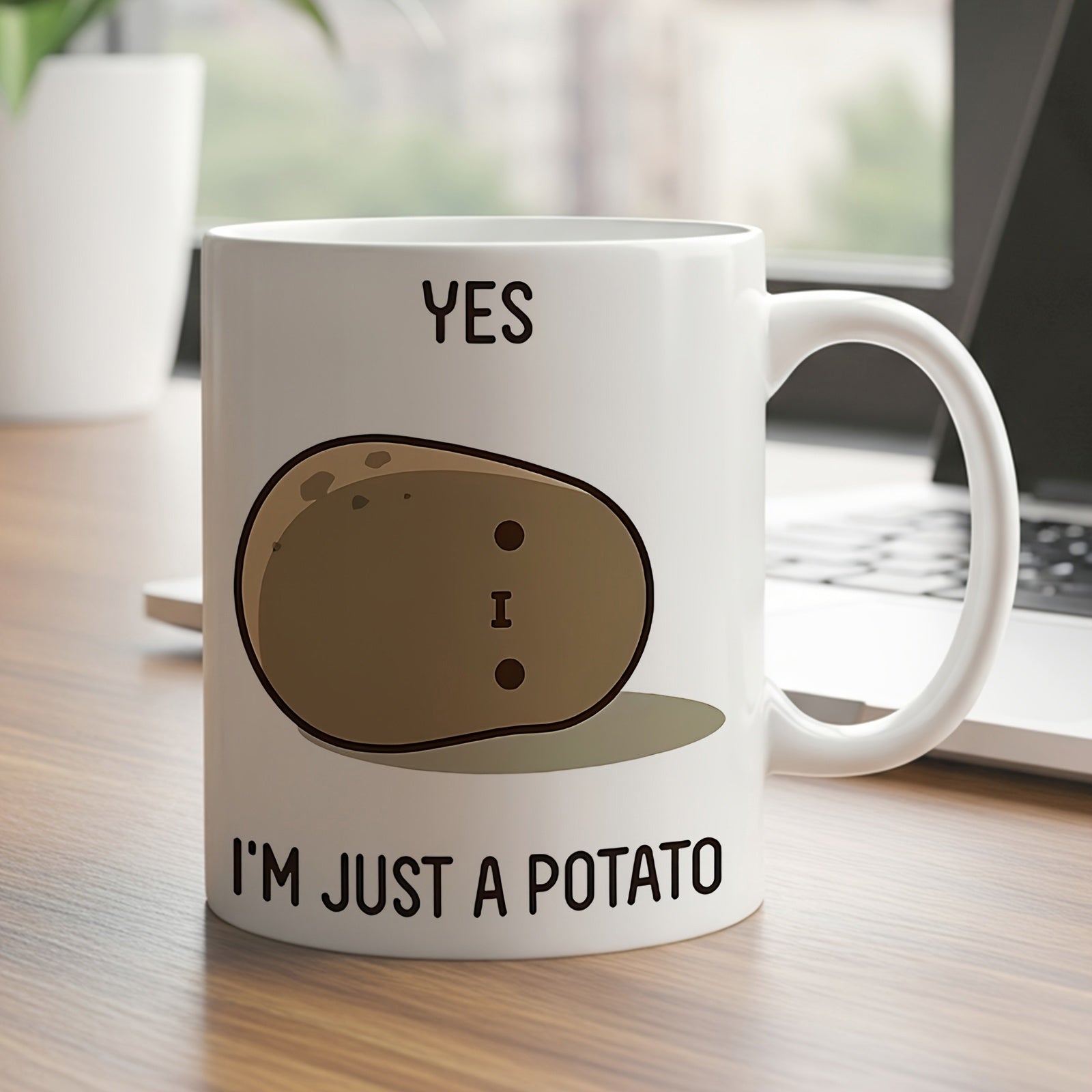 Tailorly White Ceramic 11 oz Mug - Yes Im Just A Potato Cute Minimalist Brown Cartoon Potato Resting Comfortably On A White Surface Potato
