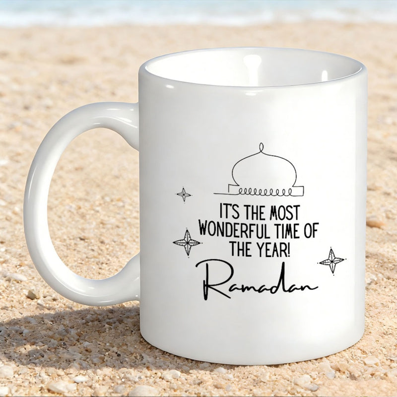 Tailorly White Ceramic 11 oz Mug - Its The Most Wonderful Time Of The Year Ramadan Minimalist Black Line Drawing Mosque Dome And Twinkling Stars Mug