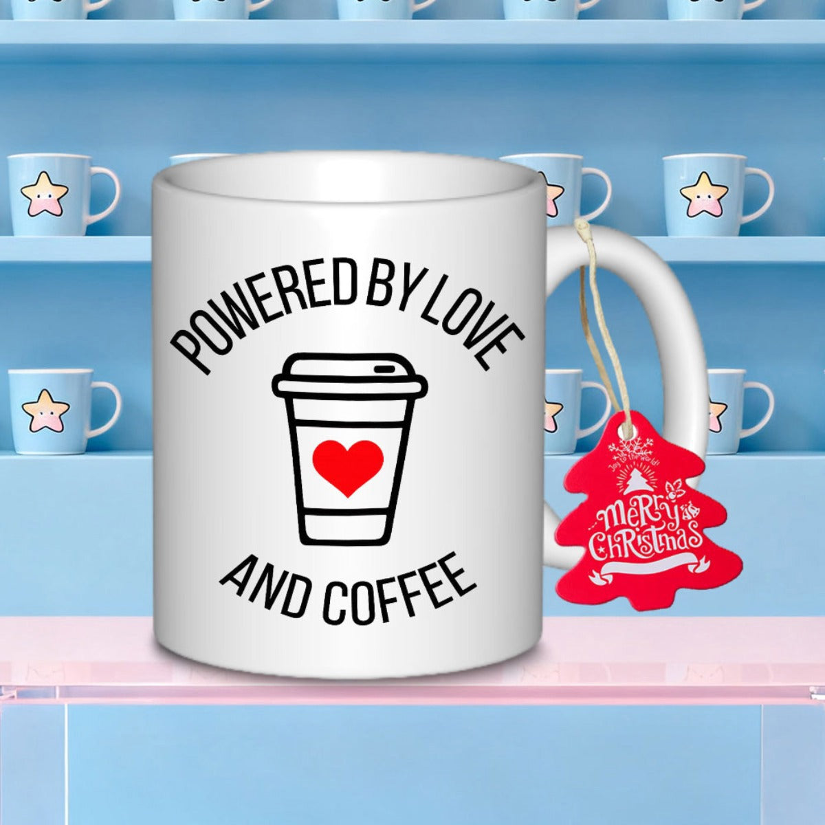 Tailorly White Ceramic 11 oz Mug - Powered By Love And Coffee Minimalist Line Art Style Illustration With A Vibrant Red Heart Coffee Cup