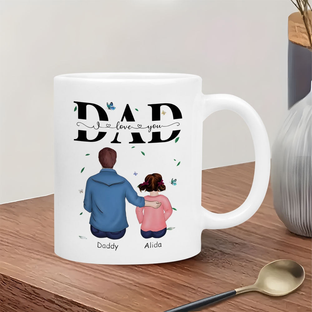 Tailorly White Ceramic 11 oz Mug - Dad I Love You Detailed Artistic Illustration Of Father And Daughter Sitting Together Among Leaves Portrait