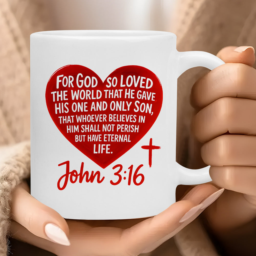Tailorly White Ceramic 11 oz Mug - For God So Loved The World John 3 16 Religious Script Inside A Bright Crimson Minimalist Stylized Decorative Heart