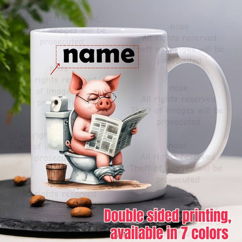 Tailorly White Ceramic 11 oz Mug - Name Humorous Pink Cartoon Pig Wearing Glasses Reading Newspaper On White Toilet Pig