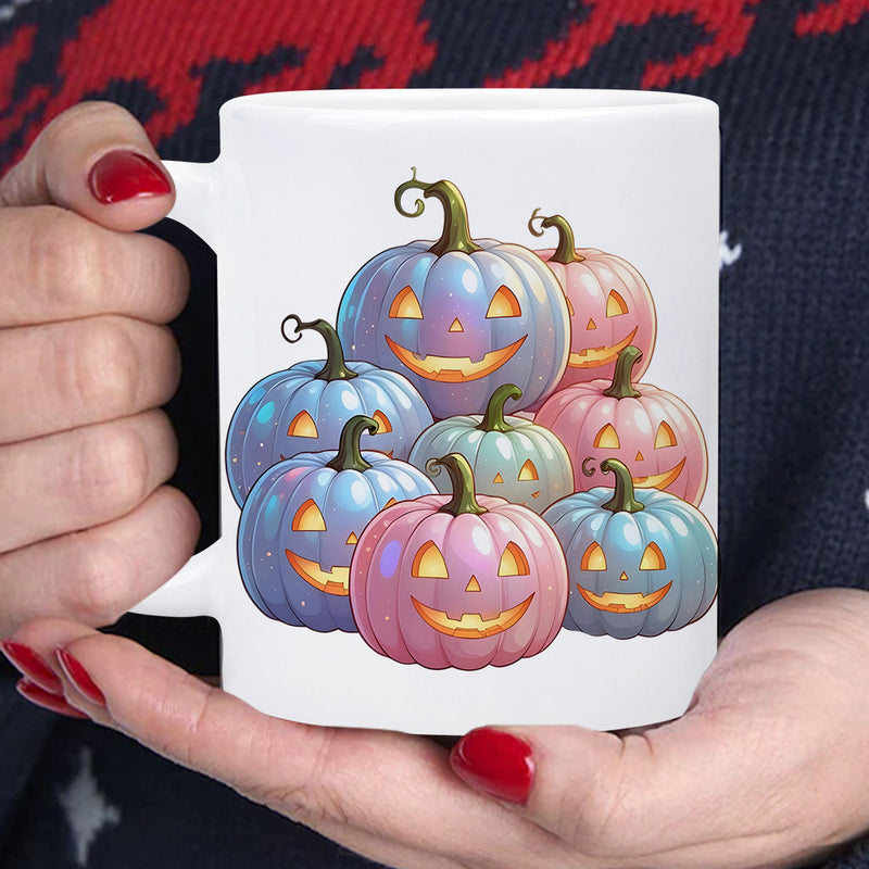 Tailorly White Ceramic 11 oz Mug - Colorful Pastel Jack O Lanterns Glowing With Warm Light Among Festive Seasonal Pumpkins