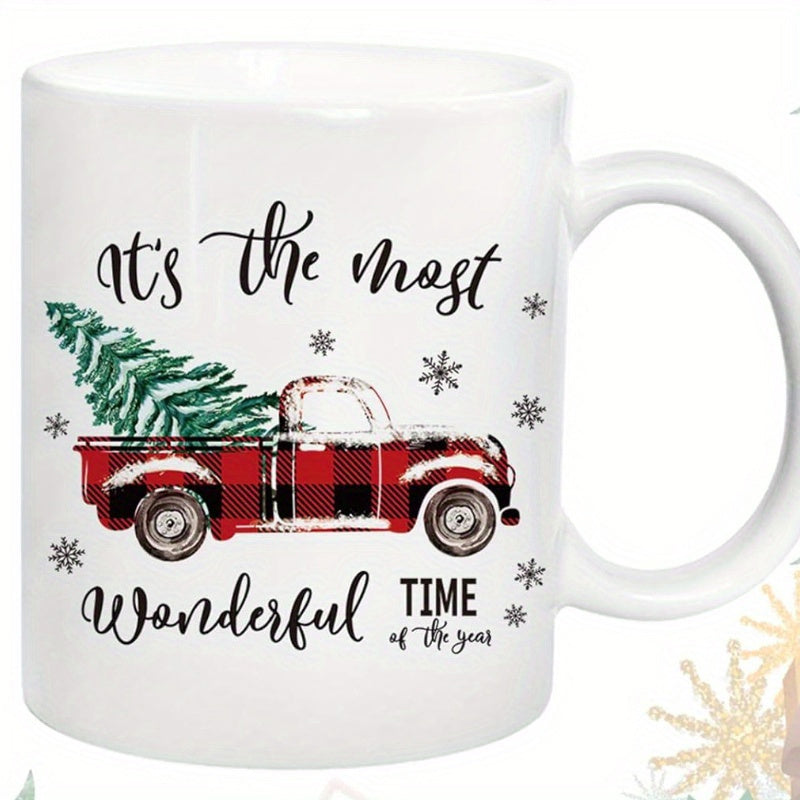 Tailorly White Ceramic 11 oz Mug - Its The Most Wonderful Time Of The Year Vintage Red Plaid Pickup Carrying A Green Christmas Tree Among Snowflakes Truck