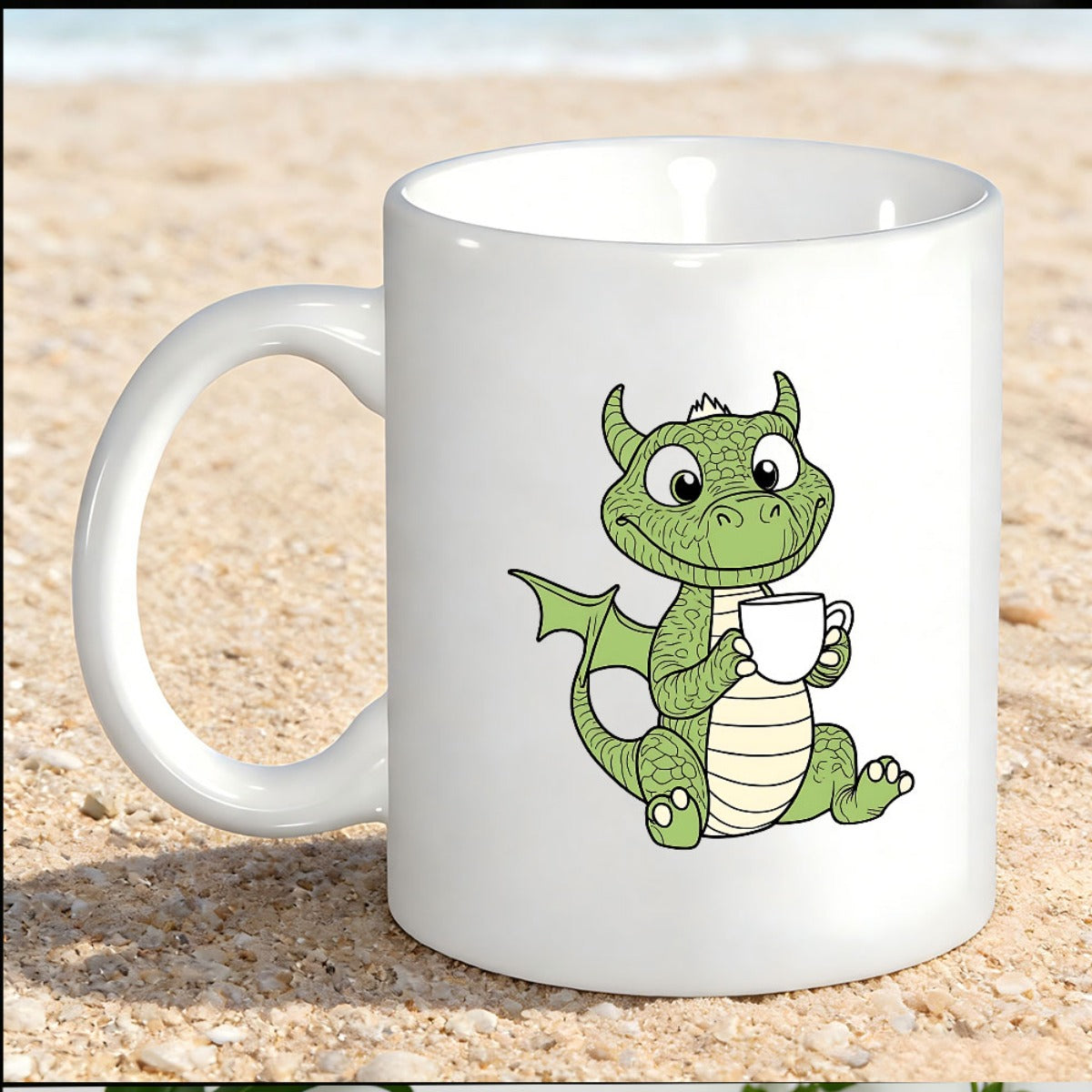 Tailorly White Ceramic 11 oz Mug - Adorable Cartoon Green Mythical Creature Holding A Small Coffee Cup Dragon