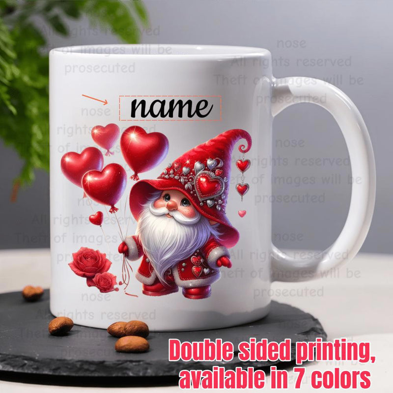 Tailorly White Ceramic 11 oz Mug - Name Cute Festive Holding Heart Shaped Balloons Among Roses Gnome