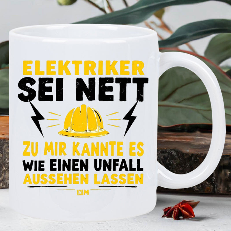 Tailorly White Ceramic 11 oz Mug - Yellow Protective Safety Hard Hat Between Sharp Black Electric Lightning Bolt Helmet