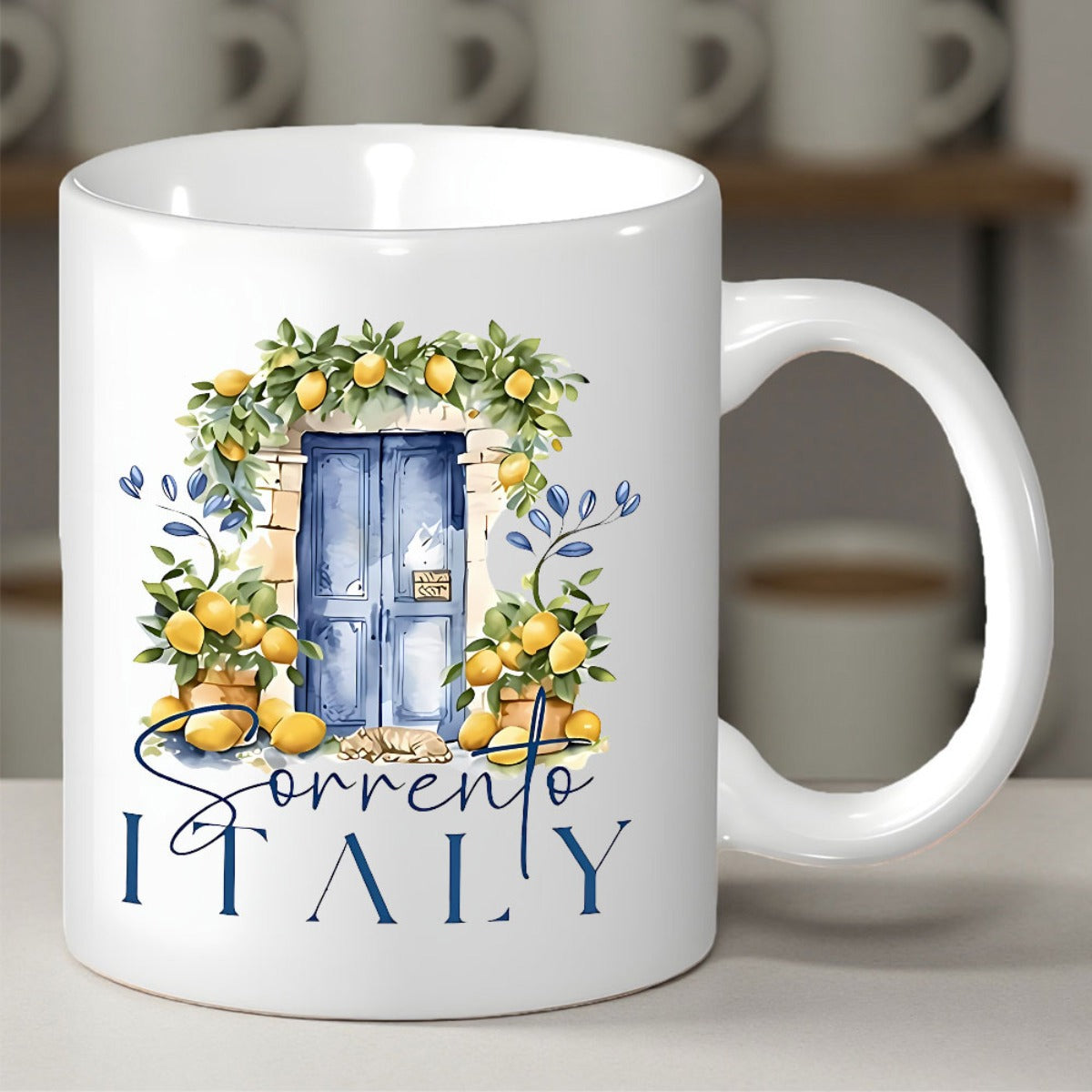 Tailorly White Ceramic 11 oz Mug - Sorrento Italy Rustic Blue Door Surrounded By Vibrant Yellow Lemons And Green Foliage Doorway
