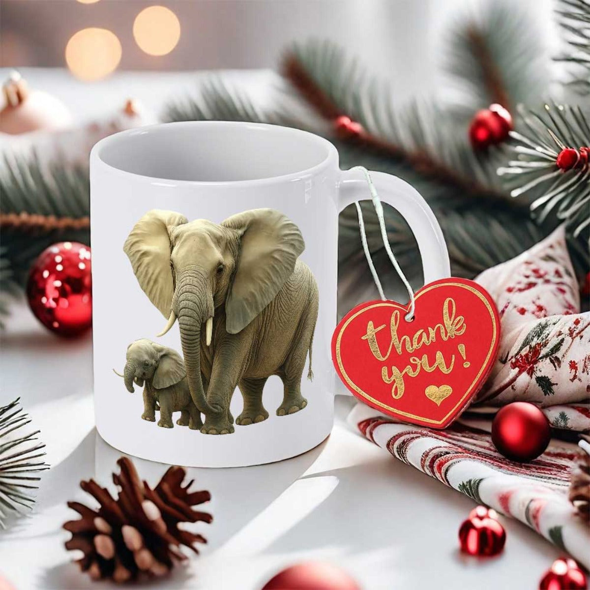 Tailorly White Ceramic 11 oz Mug - Thank You Majestic Mother And Baby Calves Walking Across Pure White Surface Elephant