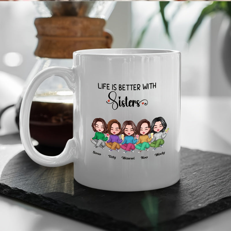 Tailorly White Ceramic 11 oz Mug - Life Is Better With Sisters Five Cartoon Best Friends Sitting Together In Colorful Casual Outfits Sisters