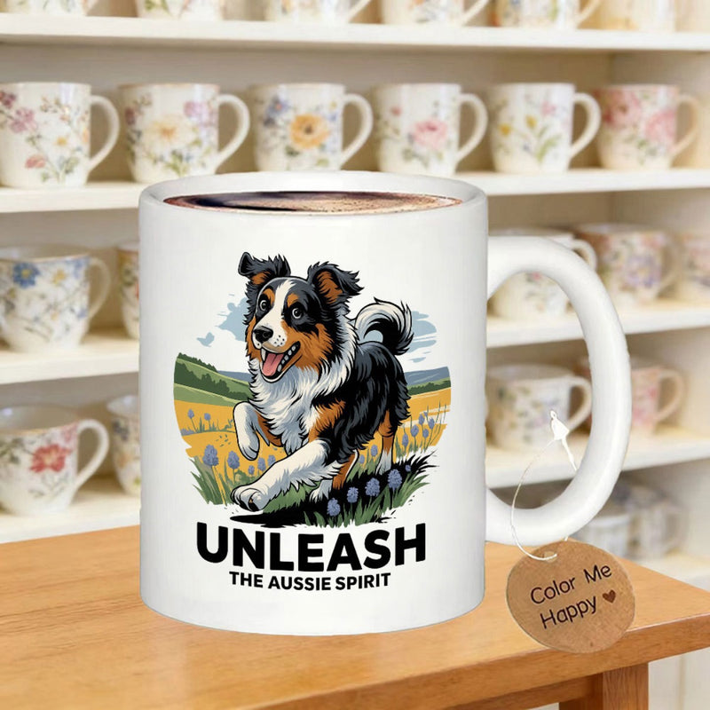 Tailorly White Ceramic 11 oz Mug - Unleash The Aussie Spirit Energetic Tri Color Australian Shepherd Running Through Sunny Field Of Flowers Dog