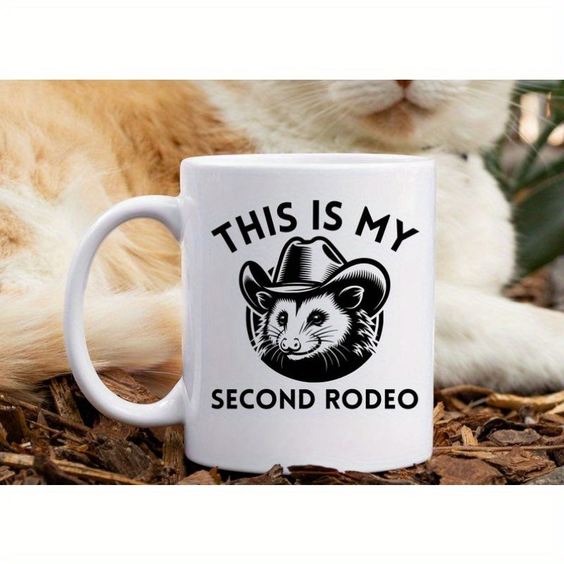 Tailorly White Ceramic 11 oz Mug - This Is My Second Rodeo Monochrome Illustration Of A Grinning Possum Wearing A Cowboy Hat Opossum