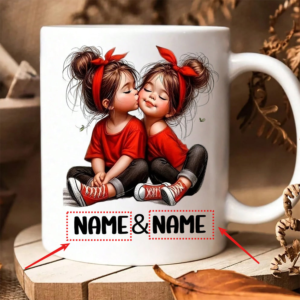Tailorly White Ceramic 11 oz Mug - Name Name Adorable Little Girls Wearing Red Headbands Sharing A Gentle Kiss Girls