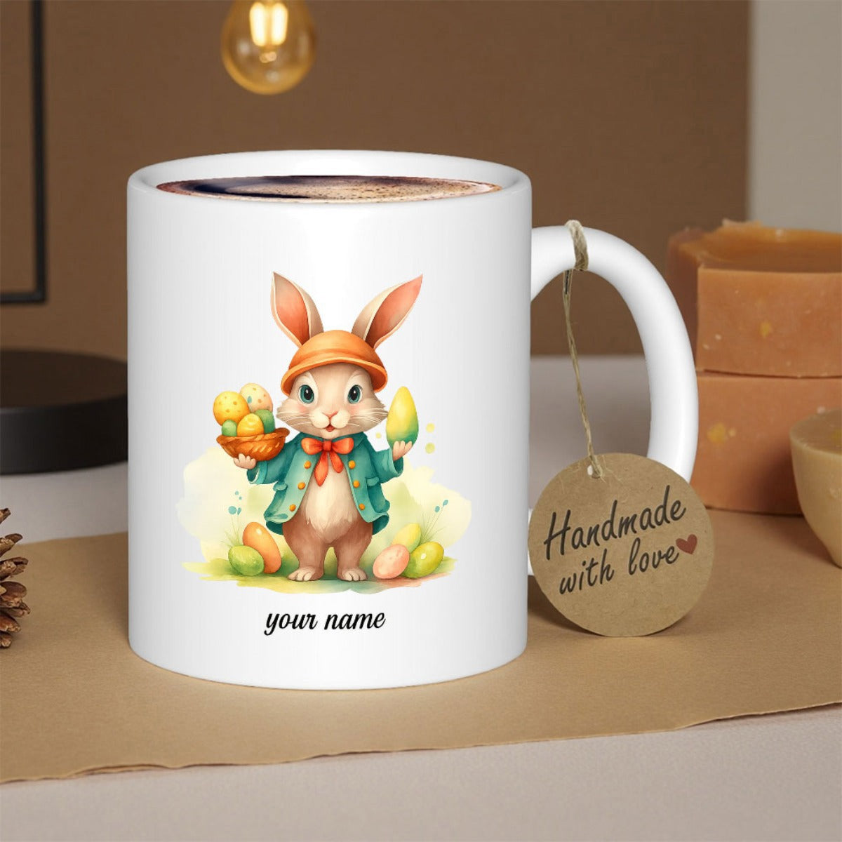Tailorly White Ceramic 11 oz Mug - Your Name Adorable Easter Bunny Character Wearing Teal Jacket Carrying Basket Rabbit
