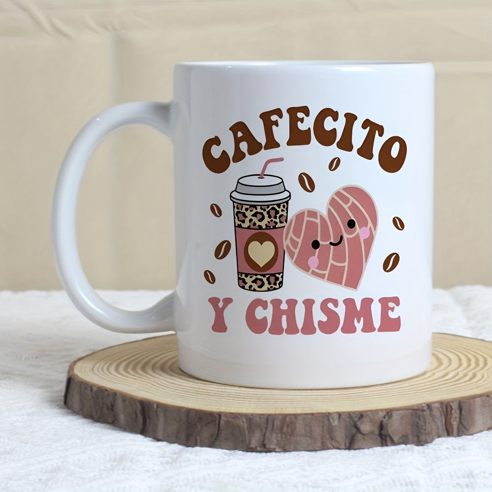 Tailorly White Ceramic 11 oz Mug - Leopard Print Coffee Cup With Smiling Pink Heart Shaped Mexican Sweet Bread