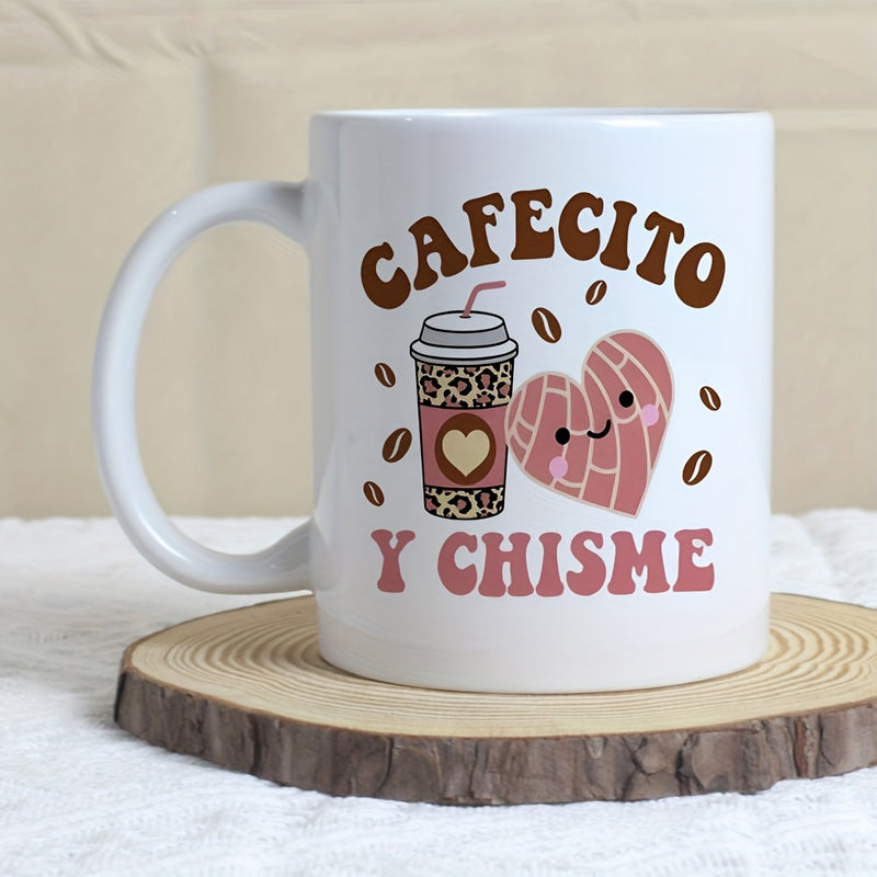 Tailorly White Ceramic 11 oz Mug - Leopard Print Coffee Cup With Smiling Pink Heart Shaped Mexican Sweet Bread
