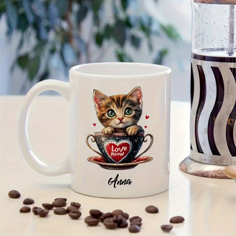 Tailorly White Ceramic 11 oz Mug - Love Anna Adorable Tabby Kitten Peeking Out From Vintage Heart Pattern Teacup Cat