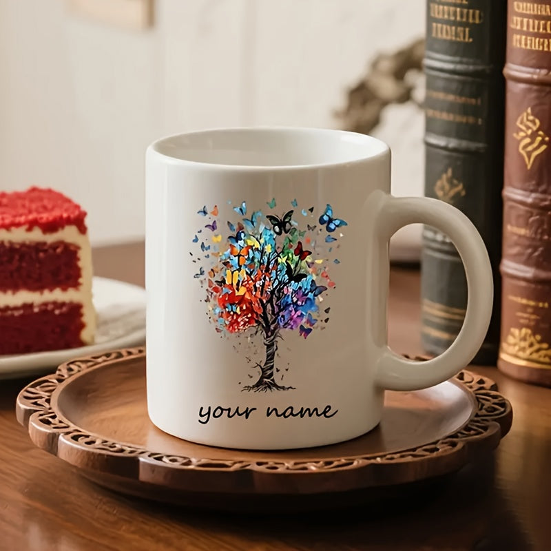 Tailorly White Ceramic 11 oz Mug - Your Name Vibrant Colorful Butterflies Fluttering Gracefully Around A Majestic Blooming Tree