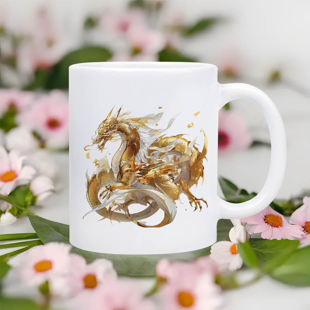 Tailorly White Ceramic 11 oz Mug - Elegant Golden Mythical Creature With Intricate Metallic Scales Swirling In Motion Dragon