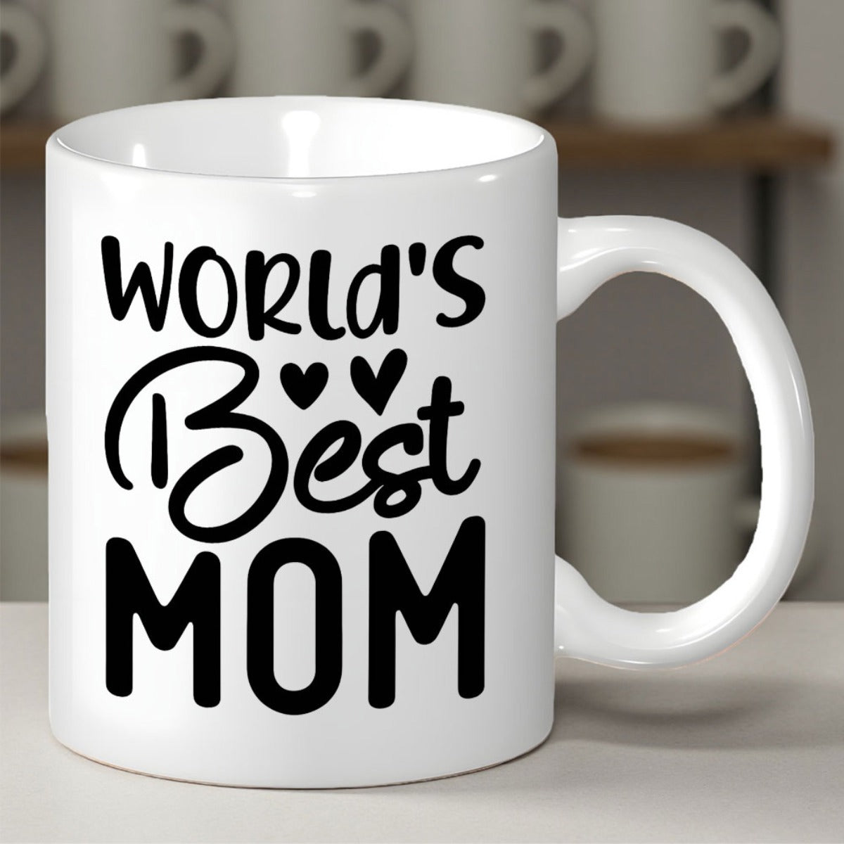 Tailorly White Ceramic 11 oz Mug - Worlds Best Mom Simple Elegant Black Lettering Decorated With Small Minimalist Symmetric Hearts Mug