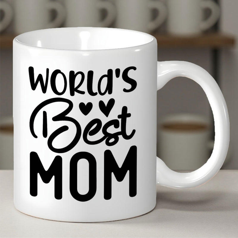 Tailorly White Ceramic 11 oz Mug - Worlds Best Mom Simple Elegant Black Lettering Decorated With Small Minimalist Symmetric Hearts Mug