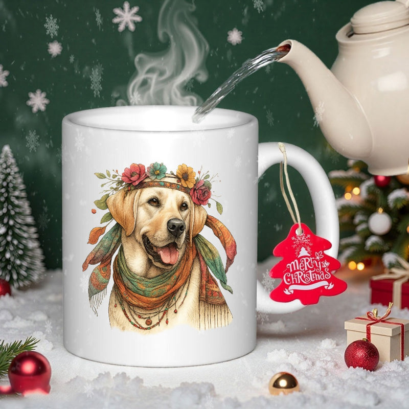 Tailorly White Ceramic 11 oz Mug - Merry Christmas Beautiful Golden Retriever Wearing Floral Crown And Colorful Scarf Dog