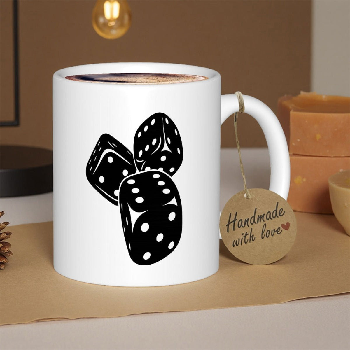 Tailorly White Ceramic 11 oz Mug - Three Black Cascading Gaming Dice Featuring Distinctive White Pips And Bold Shapes Dice
