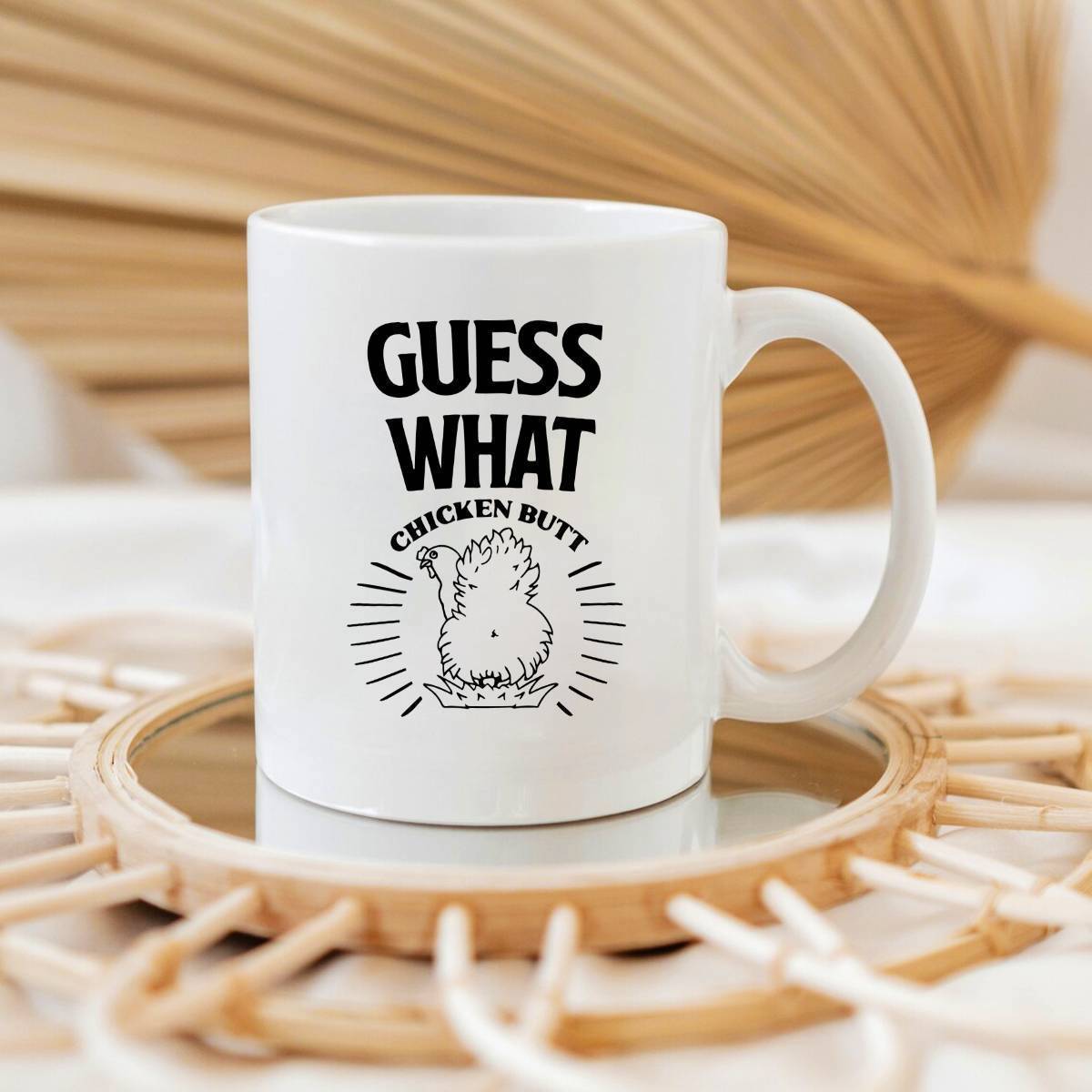Tailorly White Ceramic 11 oz Mug - Guess What Chicken Butt Simple Line Art Sketch Showing A Funny Round Farmhouse Chicken