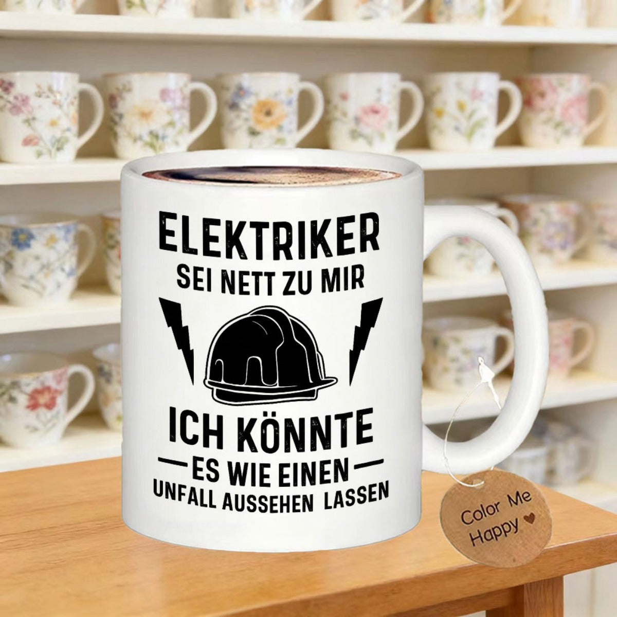 Tailorly White Ceramic 11 oz Mug - Black Silhouette Of A Safety Hard Hat Featuring Electric Lightning Bolts Helmet