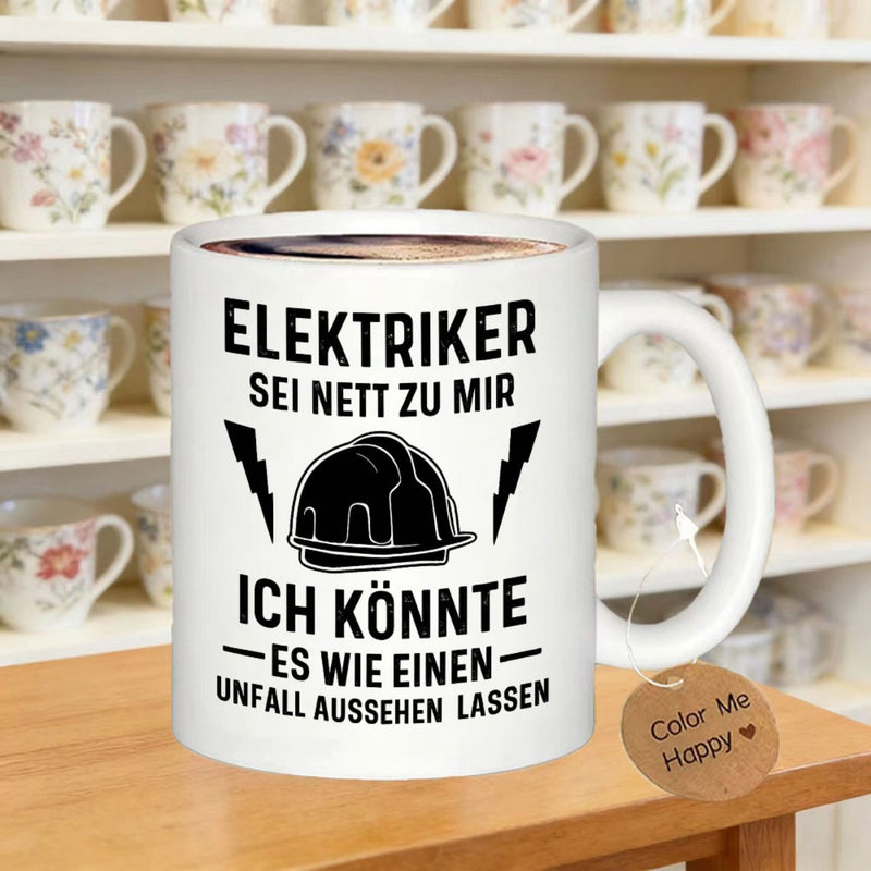 Tailorly White Ceramic 11 oz Mug - Black Silhouette Of A Safety Hard Hat Featuring Electric Lightning Bolts Helmet