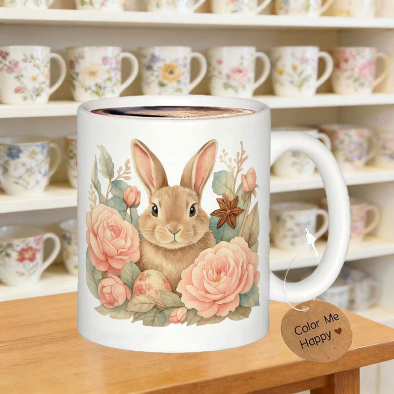 Tailorly White Ceramic 11 oz Mug - Color Me Happy Adorable Brown Bunny Sitting Among Soft Pink Roses And Green Leaves Rabbit