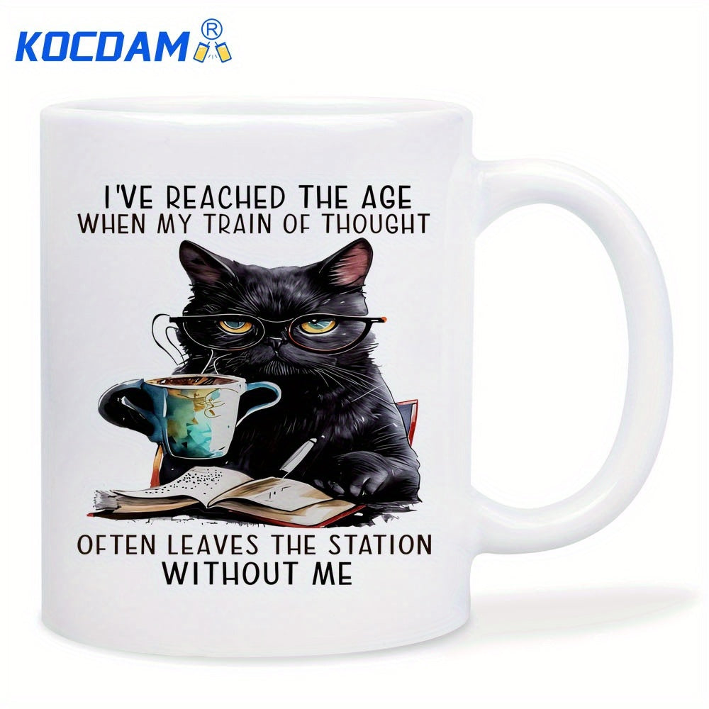 Tailorly White Ceramic 11 oz Mug - Ive Reached The Age When My Train Of Thought Often Leaves The Station Without Me Intelligent Black Animal Wearing Glasses