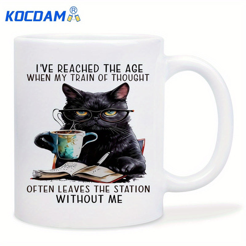 Tailorly White Ceramic 11 oz Mug - Ive Reached The Age When My Train Of Thought Often Leaves The Station Without Me Intelligent Black Animal Wearing Glasses