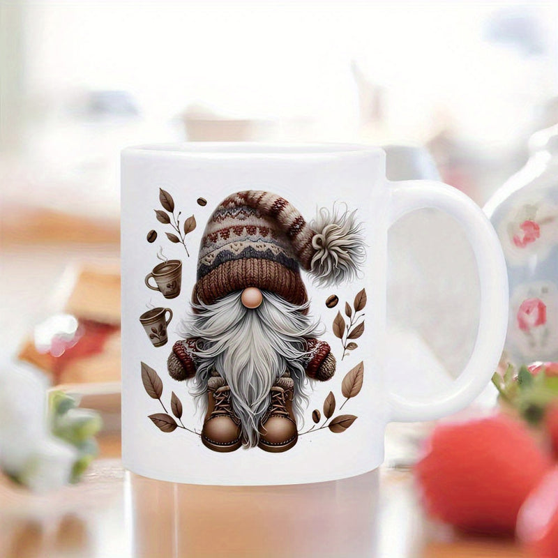 Tailorly White Ceramic 11 oz Mug - Handcrafted Style Coffee Lover Character With Patterned Hat And Autumn Leaves Gnome