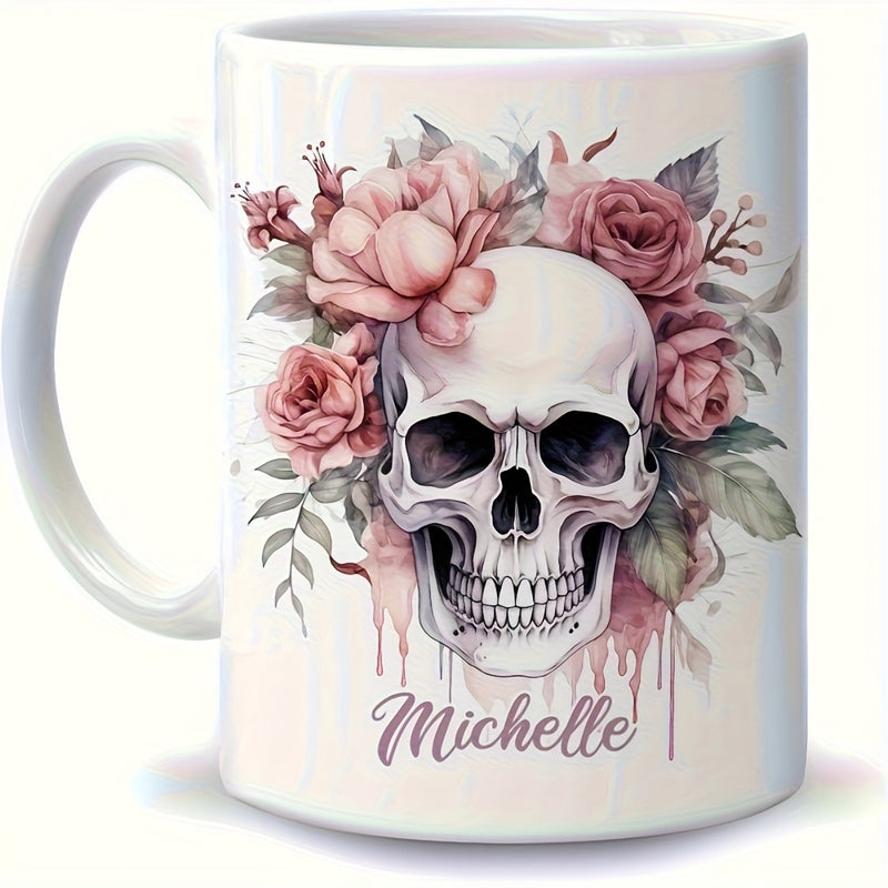 Tailorly White Ceramic 11 oz Mug - Michelle Artistic Watercolor Style Wrapped In Pink Roses And Green Leaves Skull
