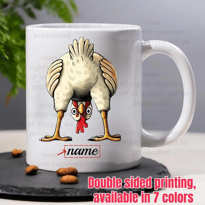 Tailorly White Ceramic 11 oz Mug - Name Funny Cartoon Hen Looking Backwards Through Its Own Legs Chicken