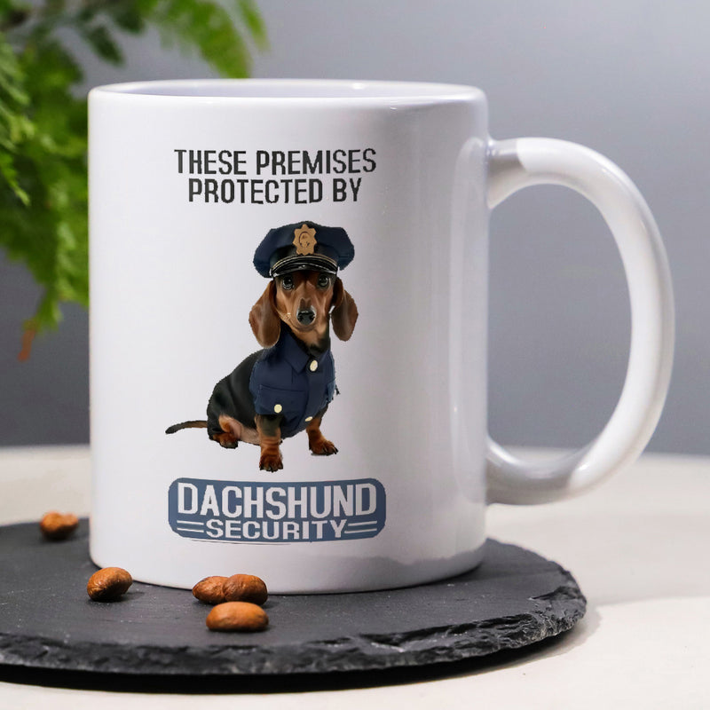 Tailorly White Ceramic 11 oz Mug - These Premises Protected By Dachshund Security Loyal Brown Sausage Dog Wearing Professional Blue Security Officer Uniform