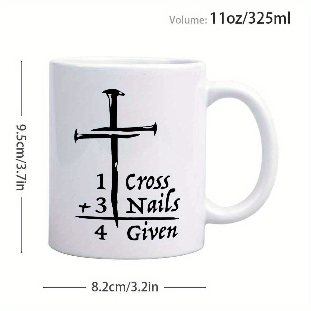 Tailorly White Ceramic 11 oz Mug - 1 Cross 3 Nails 4 Given Hand Drawn Black Ink Style Religious Christian Silhouette Cross