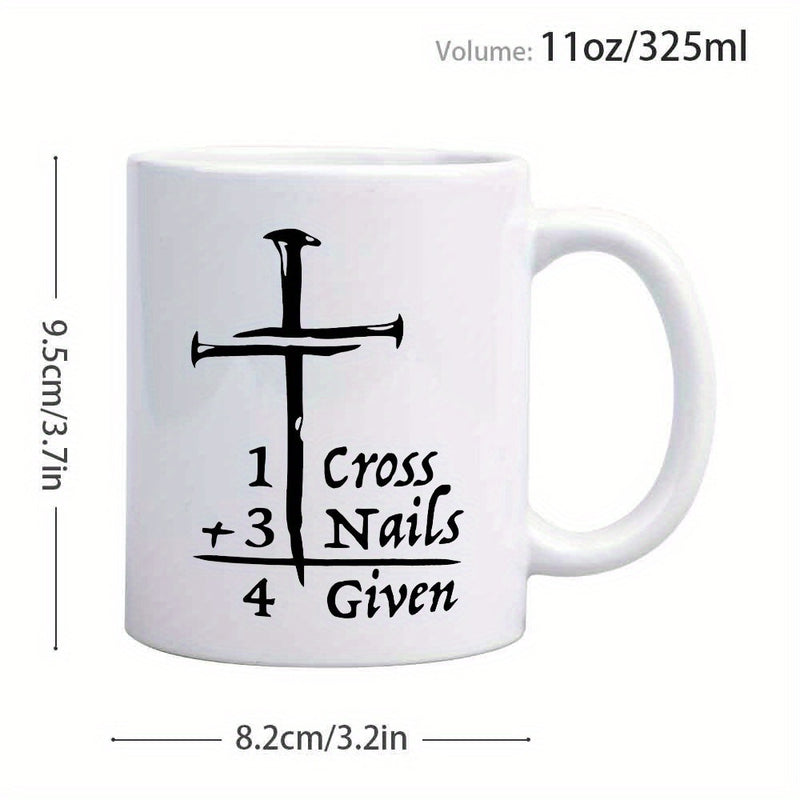 Tailorly White Ceramic 11 oz Mug - 1 Cross 3 Nails 4 Given Hand Drawn Black Ink Style Religious Christian Silhouette Cross
