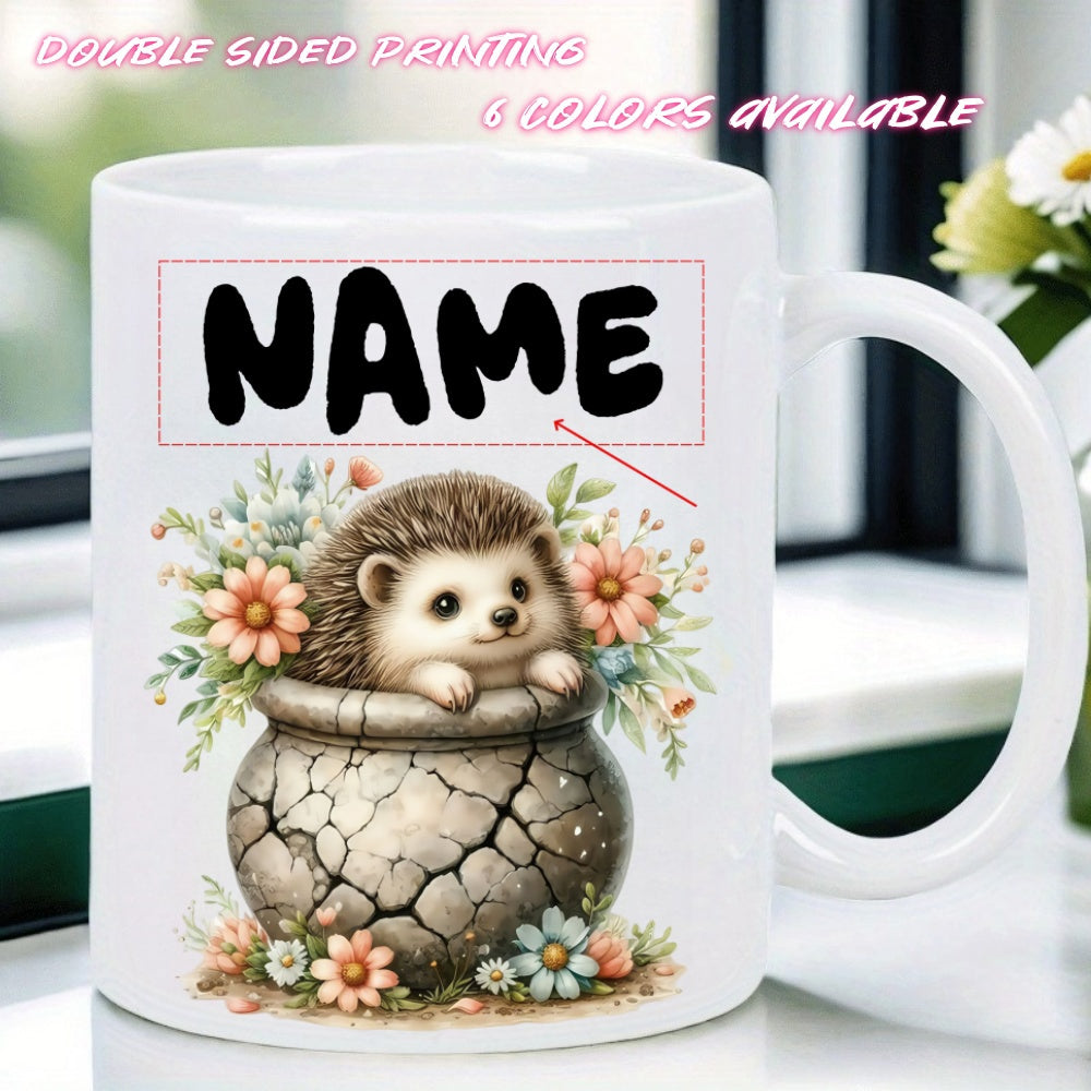 Tailorly White Ceramic 11 oz Mug - Name Cute Little Hedgehog Peeking From Cracked Stone Pot Surrounded By Blooming Flowers Hedgehog
