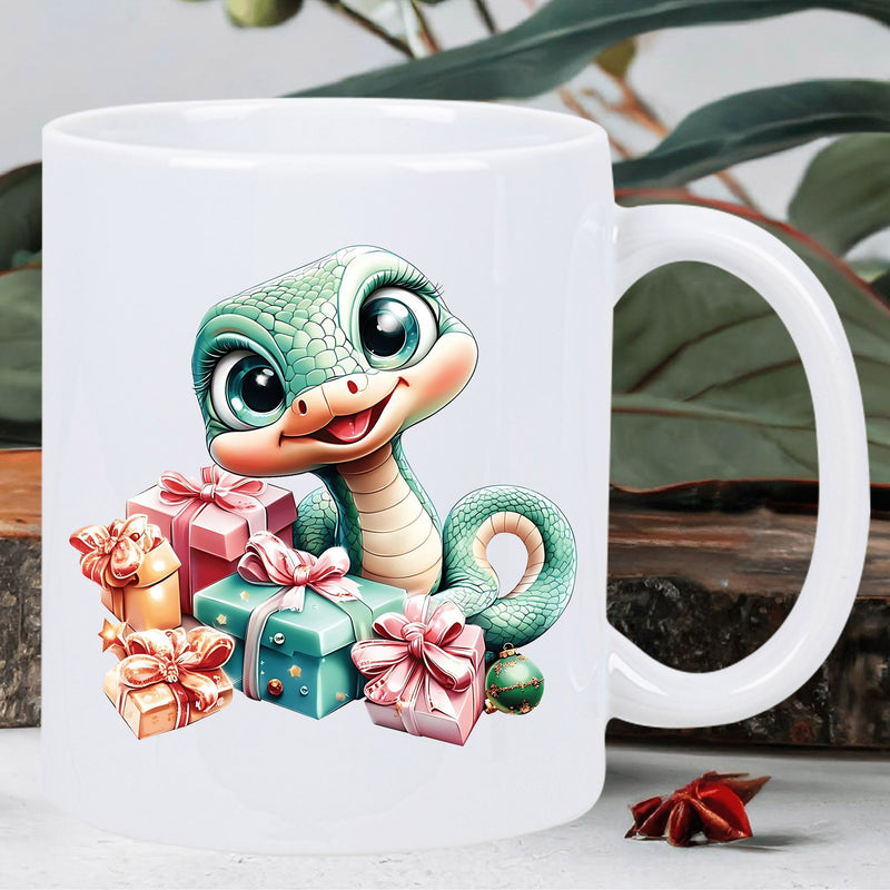 Tailorly White Ceramic 11 oz Mug - Adorable Green Reptile With Large Eyes Resting Among Colorful Wrapped Gift Boxes Snake