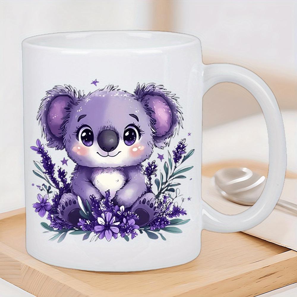 Tailorly White Ceramic 11 oz Mug - Adorable Little Purple Character Sitting Surrounded By Lush Lavender And Spring Flowers Koala