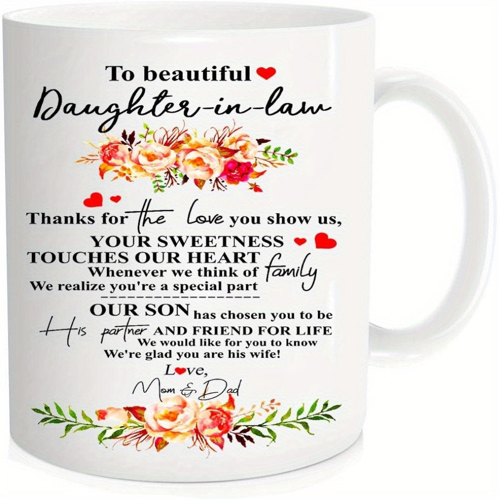 Tailorly White Ceramic 11 oz Mug - To Beautiful Daughter In Law Elegant Watercolor Roses With Delicate Green Leaves And Small Red Hearts Flower