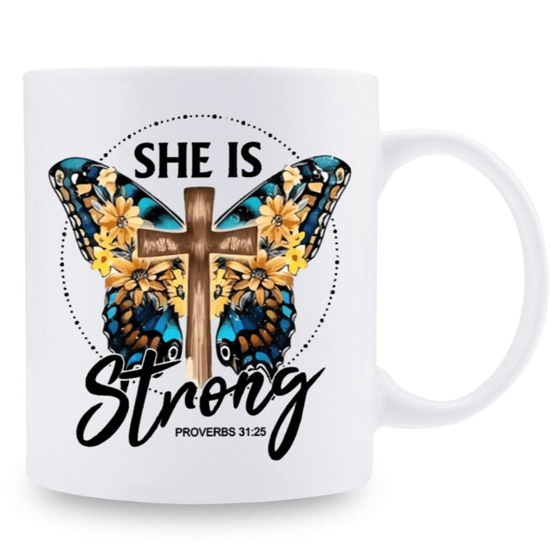 Tailorly White Ceramic 11 oz Mug - She Is Strong Proverbs 31 25 Beautiful Floral Wings With Rustic Wooden Cross And Delicate Dotted Frame Butterfly