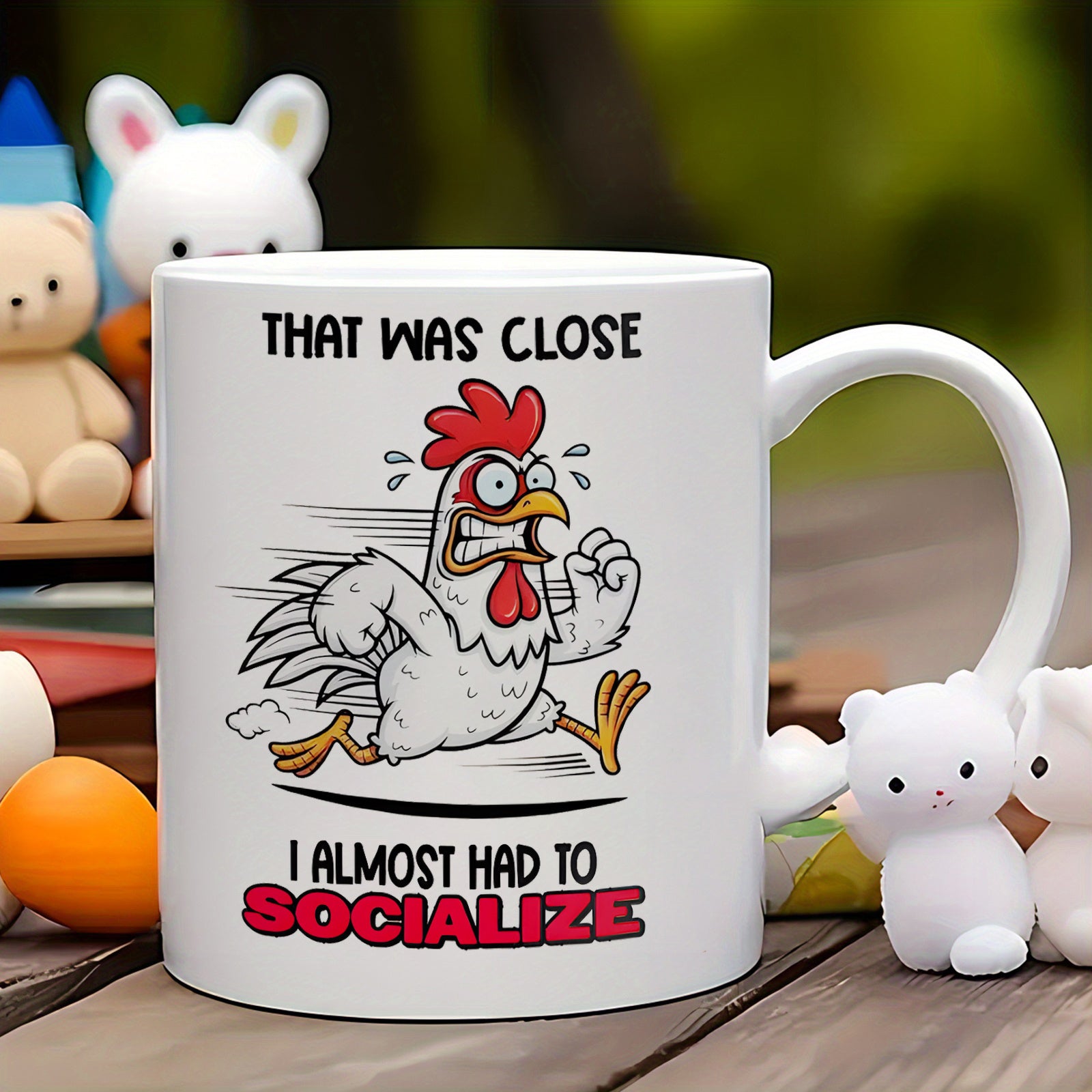 Tailorly White Ceramic 11 oz Mug - That Was Close I Almost Had To Socialize Funny Cartoon Chicken Running Fast In Panic Away From Crowds Chicken