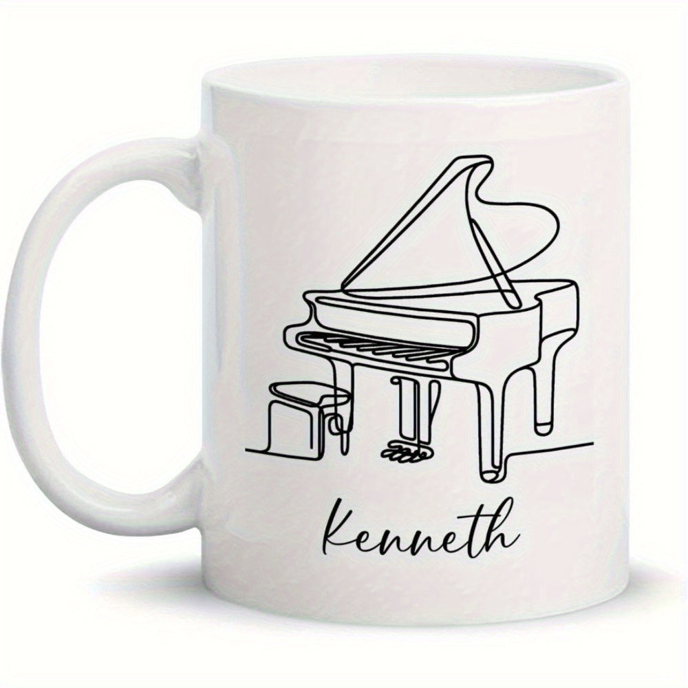 Tailorly White Ceramic 11 oz Mug - Kenneth Minimalist Artistic Continuous Line Drawing Of A Majestic Grand Piano