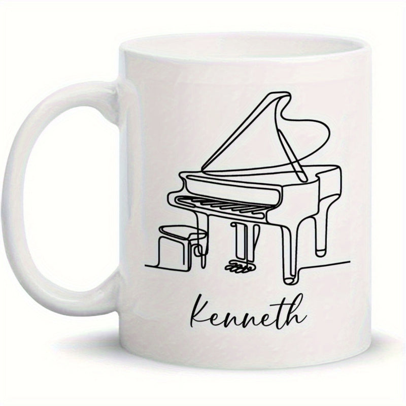Tailorly White Ceramic 11 oz Mug - Kenneth Minimalist Artistic Continuous Line Drawing Of A Majestic Grand Piano
